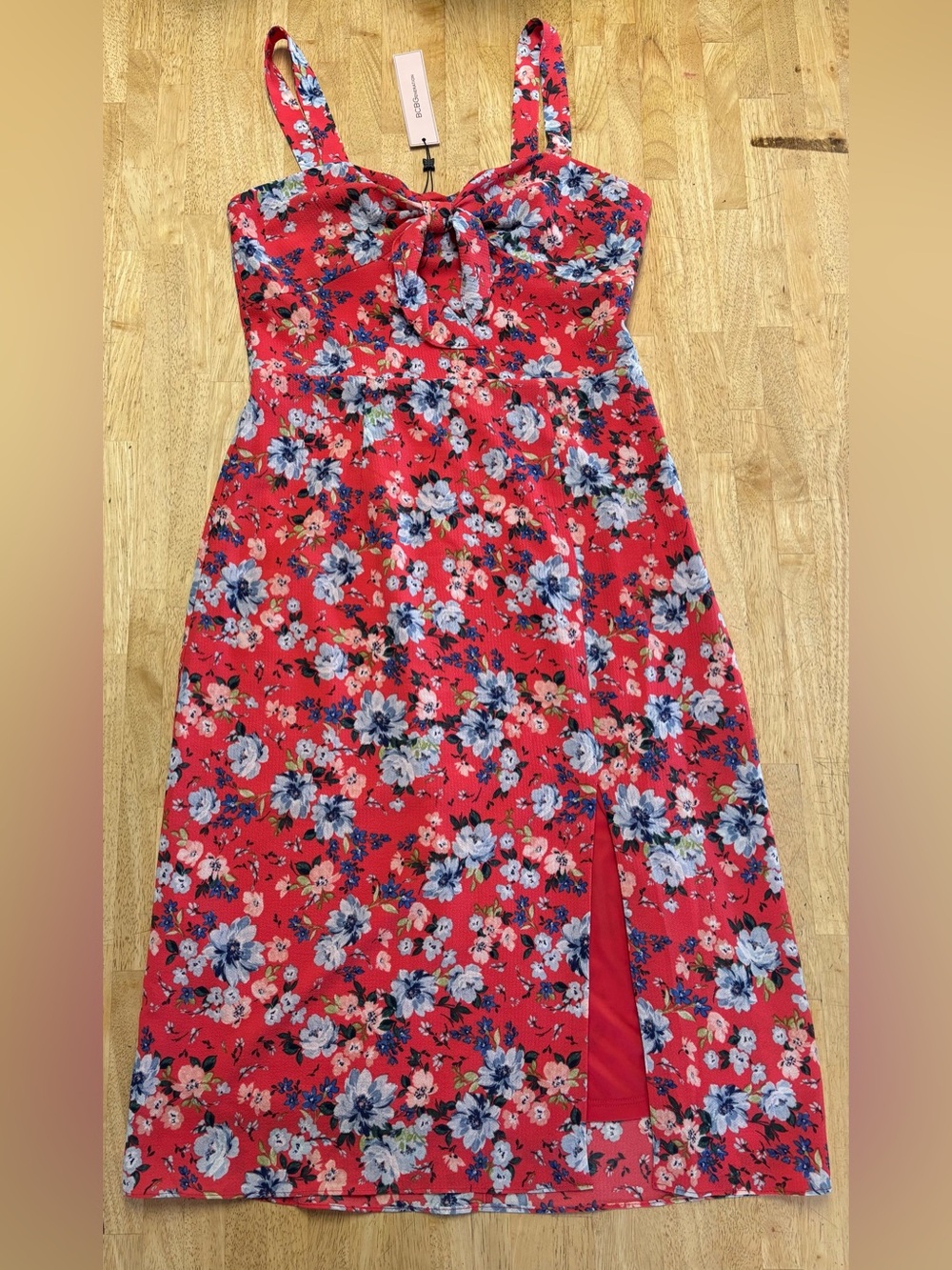 NWT BCBGeneration Red Floral Midi Dress Sweetheart Tie-Front Neckline High Slit
